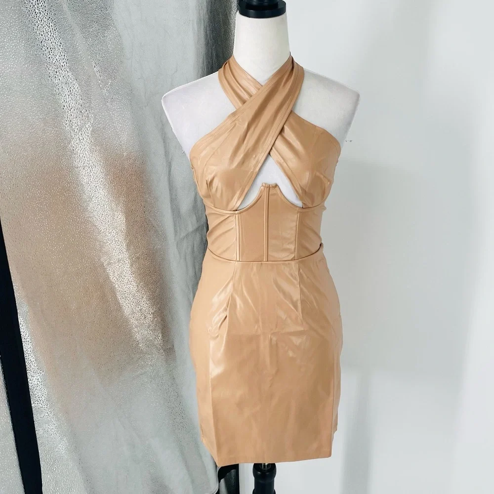 Nude Vegan Leather Faux Leather Sleeveless Halter Neck Bodycon Mini Dress - Picture 7 of 17